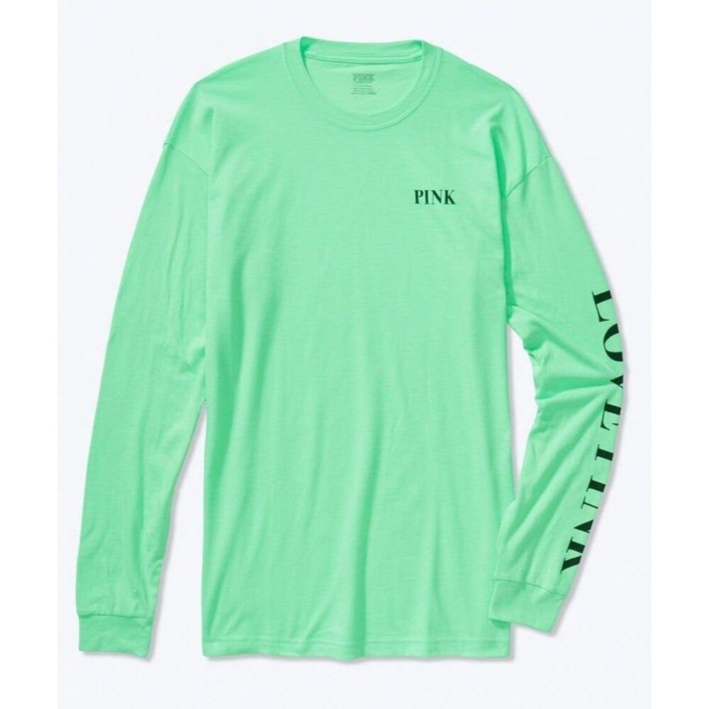 VS PINK CAMPUS TEE LONG SLEEVE MINT NEON GREEN MEDIUM